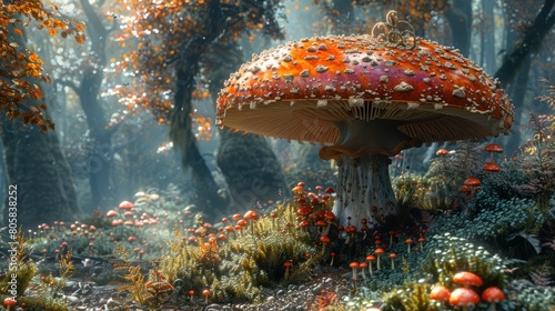Fairies and sprites having a feast under a giant mushroom