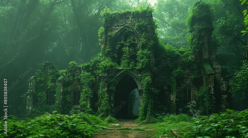Fototapeta premium Ancient ruins overgrown with ivy, magic aura