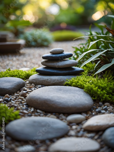 Calming Zen garden adorned with precisely arranged rocks, a serene walkway for mindfulness, and vibrant greenery, offering a tranquil refuge for reflection and relaxation.
