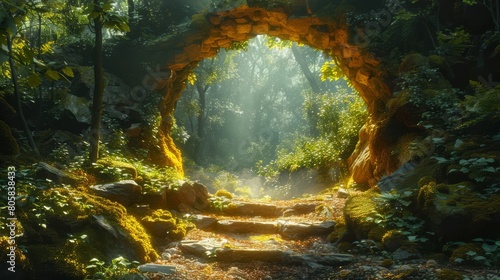 Ancient forest with a hidden entrance to a subterranean magical world