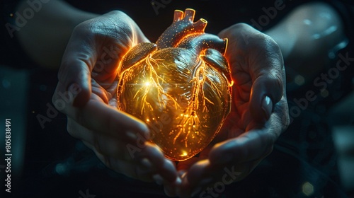 Human heart cradled in two hands, bathed in medical holograms, symbolizing hope and healing for cardiovascular issues, merging science and compassion
