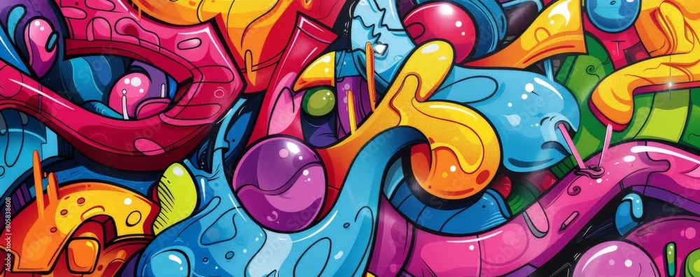 Obraz premium Vibrant Urban Graffiti Artwork Showcasing Colorful Abstract Shapes and Patterns. Horizontal banner