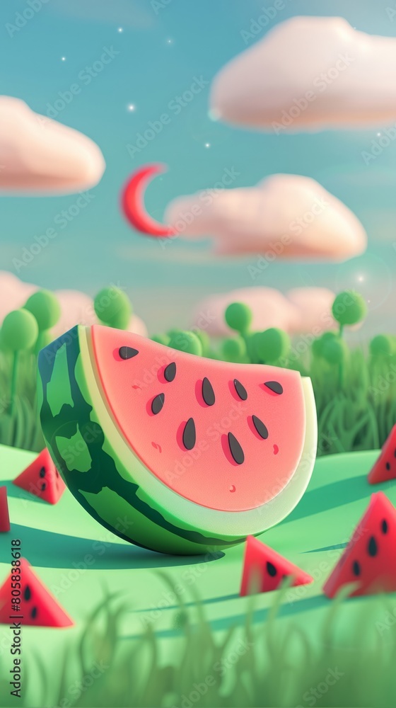 3D Landscape C4D Cartoon Cute Wind Background Material: Watermelon on Grassland 3D Landscape C4D Cartoon Cute Wind Background Material: Watermelon on Grassland