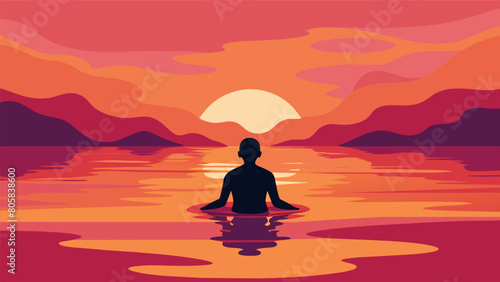A person wading kneedeep in the water silhouetted against the bright orange and pink sky as they find inner peace through meditation..