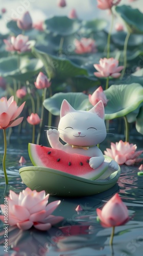 3D Landscape C4D Cartoon Cute Style Illustration  A Cat Eating Watermelon on a Small Boat in a Lotus Pond  Summer Poster