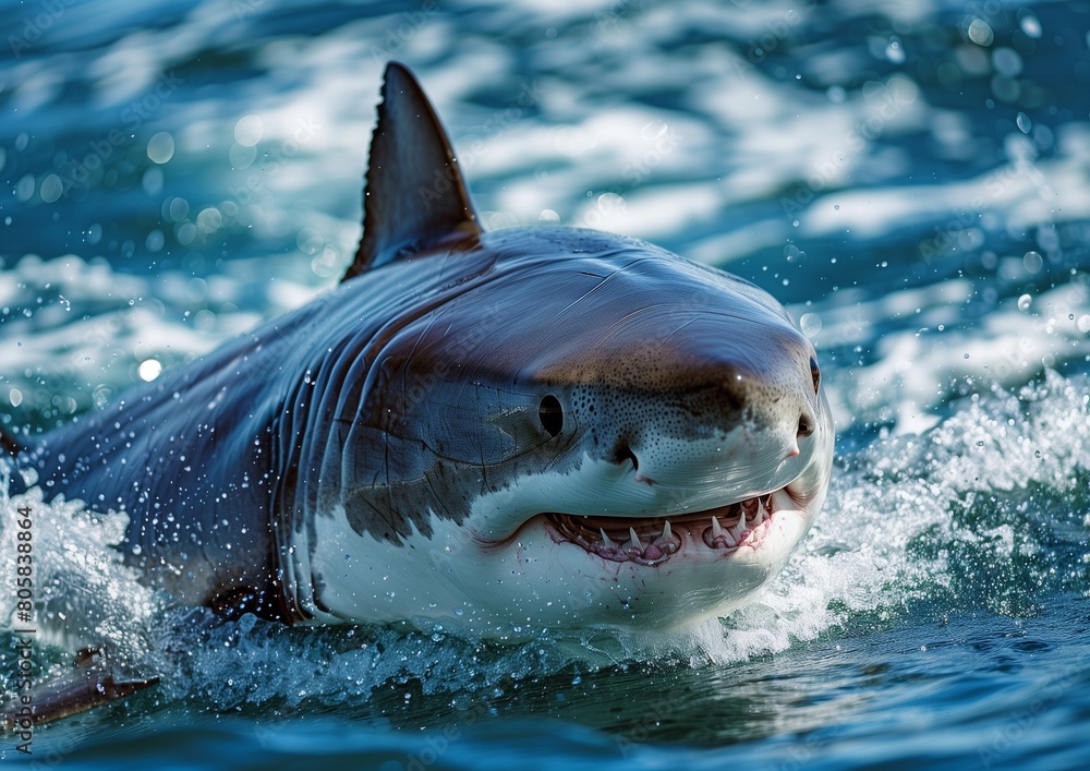 Obraz premium Majestic Great White Shark Emerging from Ocean Waters with Splashes