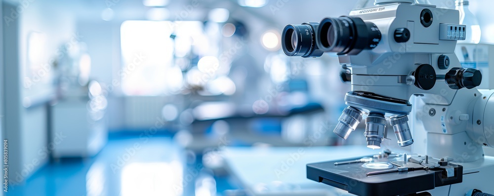 A microscope is on a table in a lab. The lab is clean and organized. The microscope is the main focus of the image A microscope is on a table in a lab. The lab is clean and organized. The microscope is the main focus of the image