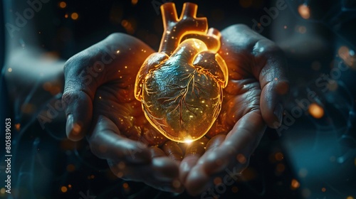 Human heart cradled in two hands, bathed in medical holograms, symbolizing hope and healing for cardiovascular issues, merging science and compassion