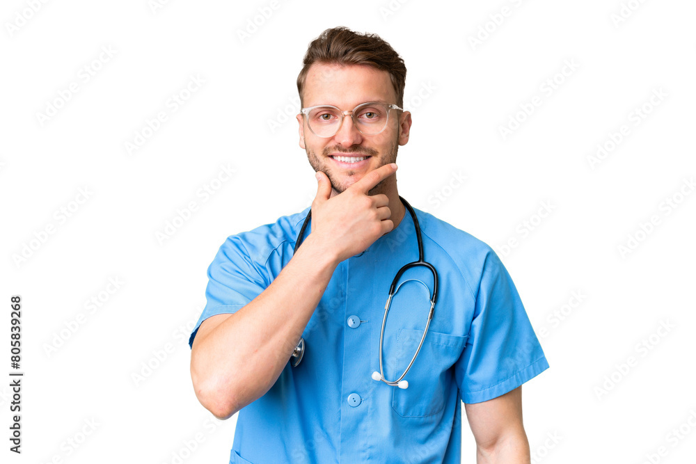 Young nurse man over isolated chroma key background smiling Young nurse man over isolated chroma key background smiling