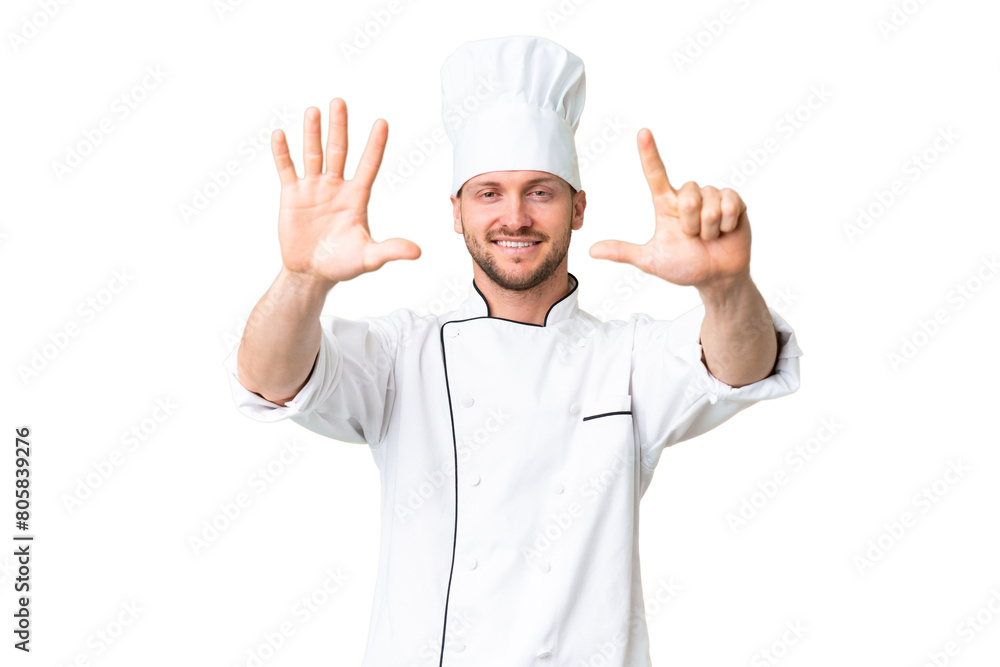 Young caucasian chef over isolated chroma key background counting seven with fingers Young caucasian chef over isolated chroma key background counting seven with fingers