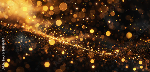 The image is a blurry, gold and black photo of a stream of glitter