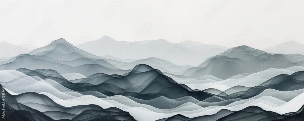 A creative collage of organic shapes resembling mountain ranges, layered in gradients of gray and white A creative collage of organic shapes resembling mountain ranges, layered in gradients of gray and white