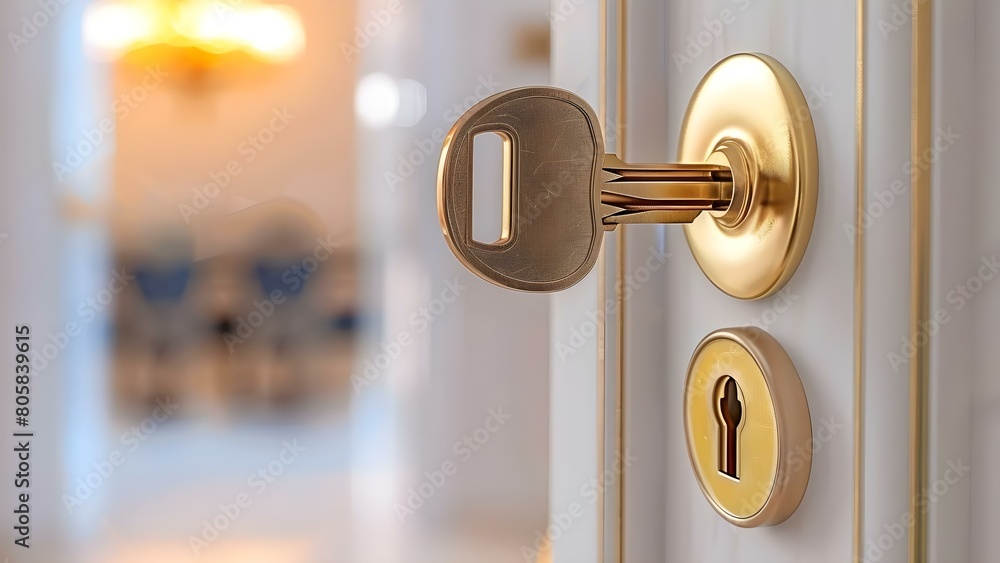 Golden house key in door lock with blurred interior background mockup. Concept Real estate, Home ownership, Key to happiness, Interior design, Housing market