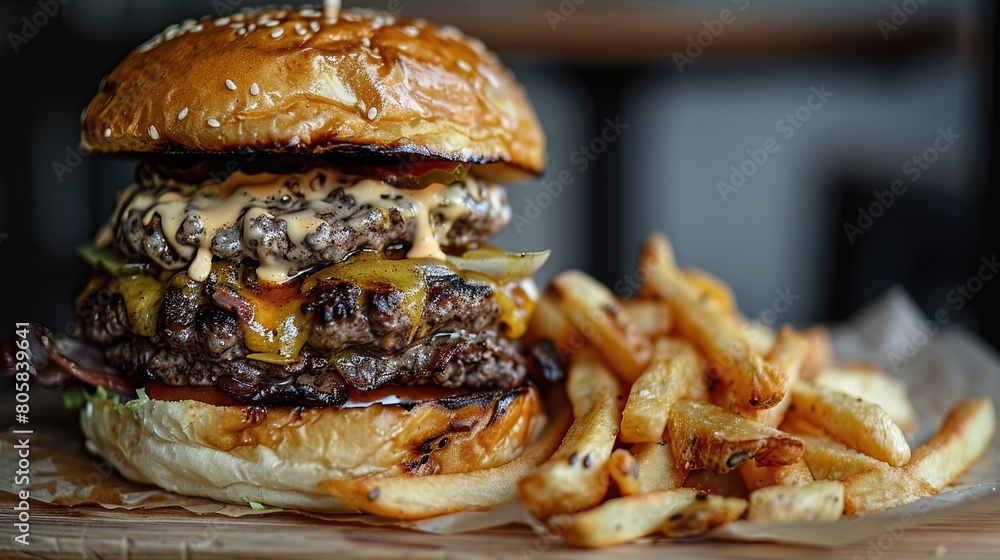 burger with tomateoes lettuce and pickles. Generative Ai burger with tomateoes lettuce and pickles. Generative Ai
