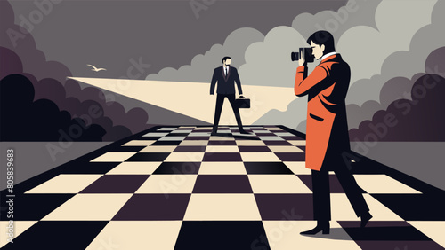 Through a foggy haze a photographer captures a surreal image of a model posing in a vintage suit atop a giant chessboard for a mysterious and haunting Vector illustration