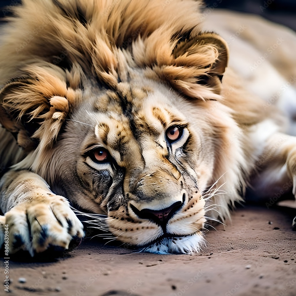 Naklejka premium close-up portrait of a lion, line sitting and looking toward with cute way
