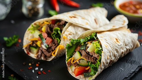 Burritos wraps with beef and vegetables on black background. Generative Ai