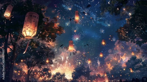 A serene summer night scene with lanterns and fireworks in the sky, set against an outdoor backdrop of trees and people enjoying a festive festival under canopies. photo
