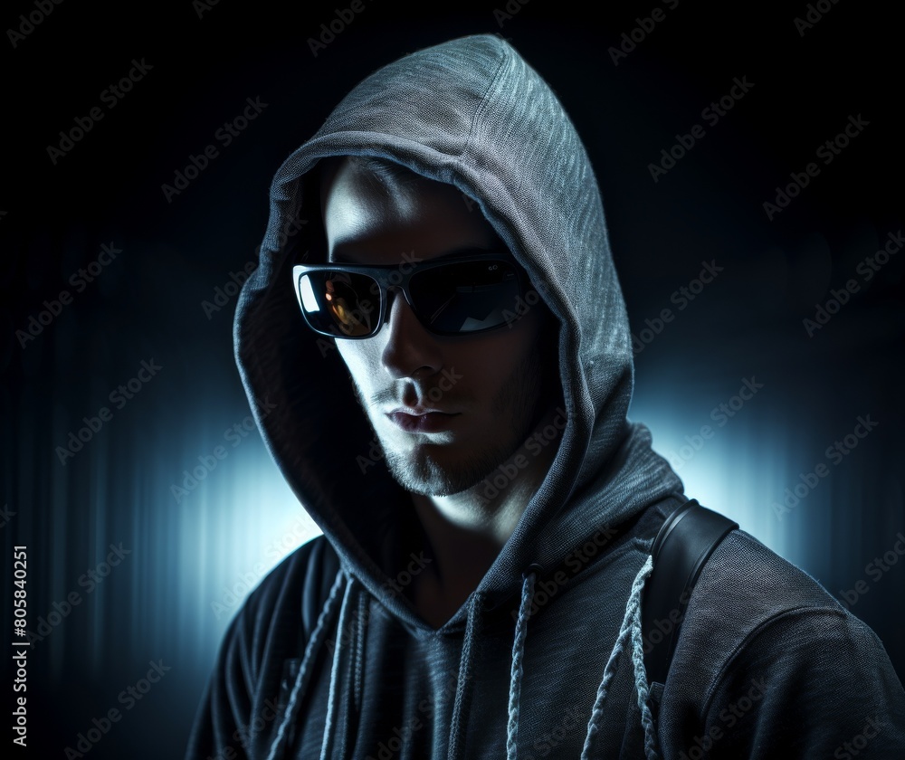 Mysterious Man in Hoodie and Sunglasses in Dark Atmosphere Mysterious Man in Hoodie and Sunglasses in Dark Atmosphere