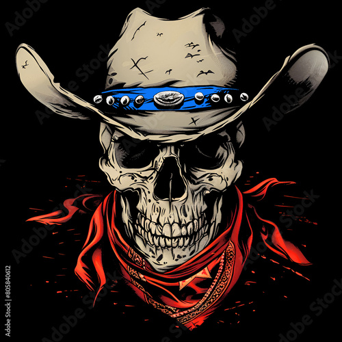 An Outlaw Skull Wearing a Blue Band Cowboy Hat and Red Bandana Isolated on a Black Background