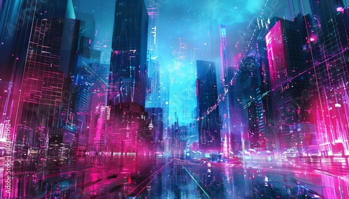 A dynamic gradient moving from bright magenta to electric cyan  capturing the neon lights of a bustling city