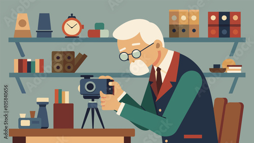 An older gentleman meticulously cleaning the lenses on a retro camera in his workshop surrounded by shelves of other vintage finds.. Vector illustration