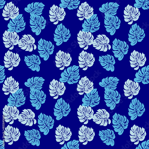 Seamless pattern  monterra leaves  blue design wallpaper 