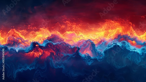 A dynamic gradient moving from rich cobalt blue to scarlet red  reflecting the intense energy of flames and waves