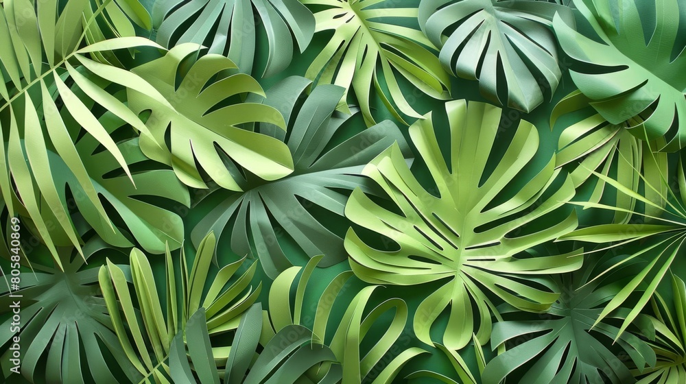 A dynamic pattern of overlapping leaves cut from paper, creating the impression of a lush tropical canopy A dynamic pattern of overlapping leaves cut from paper, creating the impression of a lush tropical canopy