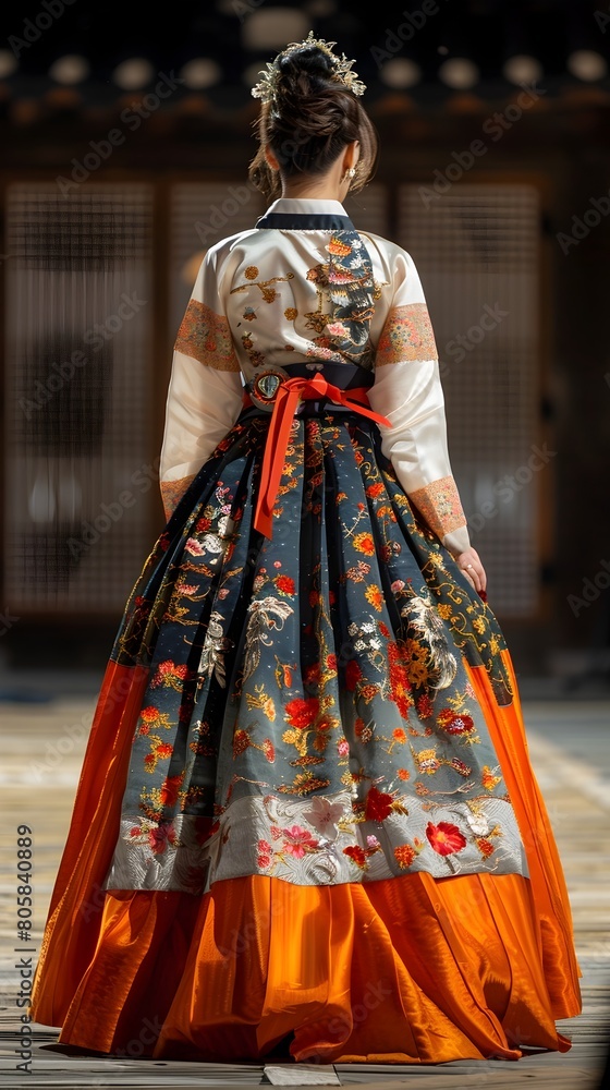 Woman Wearing Traditional Korean Hanbok Costume with Vibrant Floral Patterns and Modern Twist