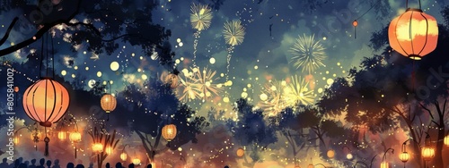 A serene summer night scene with lanterns and fireworks in the sky, set against an outdoor backdrop of trees and people enjoying a festive festival under canopies. photo