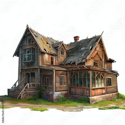 Abandoned wooden house isolated on white background front view, 3D rendering.with Generative AI technology	

