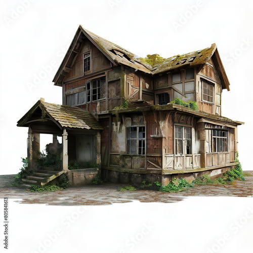 Abandoned wooden house isolated on white background front view, 3D rendering.with Generative AI technology	
