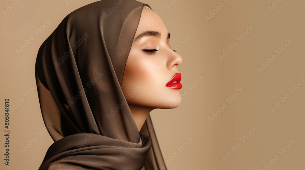 Elegant hijabi woman with red lipstick and brown scarf, profile view, beige background, professional studio photography Elegant hijabi woman with red lipstick and brown scarf, profile view, beige background, professional studio photography