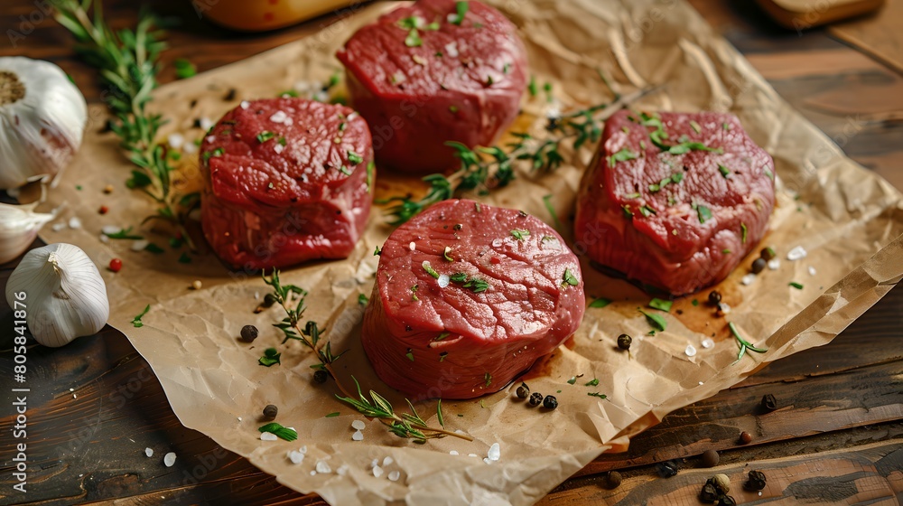 Fresh raw beef steaks ready for cooking on rustic wooden table. Seasoned meat preparation for delicious meal. Culinary recipe ingredients. Home cooking and gastronomy. AI Fresh raw beef steaks ready for cooking on rustic wooden table. Seasoned meat preparation for delicious meal. Culinary recipe ingredients. Home cooking and gastronomy. AI