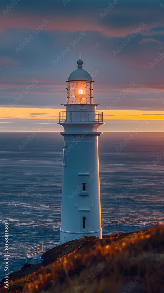 Art Deco Lighthouse Overlooking Vast Ocean at Twilight