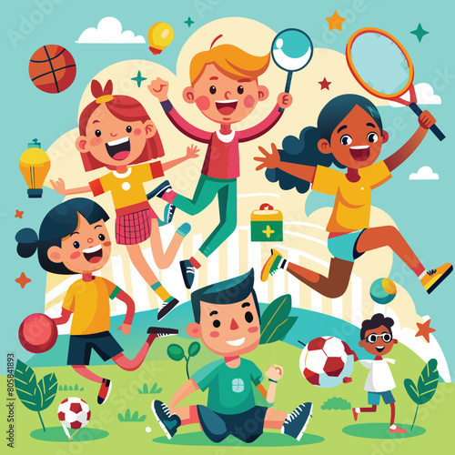 kids celebrating athletics day flat vector illustration