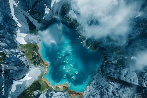 Breathtaking Aerial View of a Pristine Glacial Lake Surrounded by Snow-Capped Peaks in a Dramatic,Otherworldly Mountain Landscape