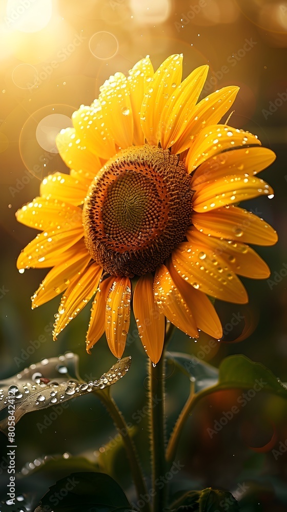 Naklejka premium Close-up of Bright Yellow Sunflower with Sparkling Dew Droplets in the Morning Sunshine