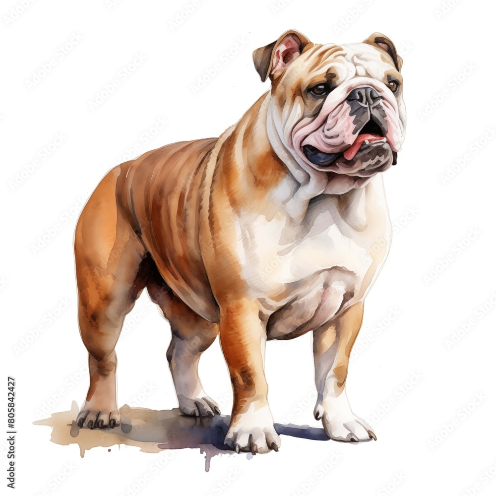 English bulldog. British bulldog dog clipart. Watercolor illustration. Generative AI. Detailed illustration.