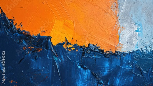 The oil painting abstract picture of the primary colour and secondary colour that is blue and orange in order mixing each other yet it uncompleted and split like they are fighting each other. AIGX01.