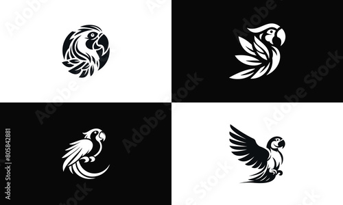 Parrot or macaw black and white set of logotypes  four logo illustrations of an exotic bird
