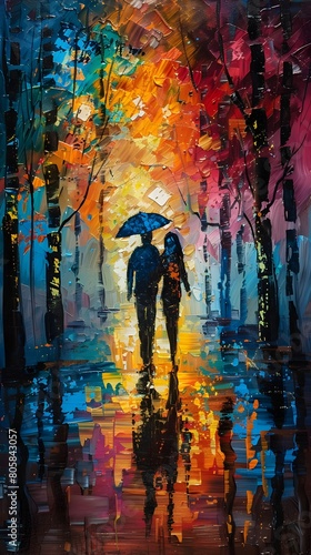 Impressionist Impression of Colorful Couple Strolling in Rainy Urban Landscape with Umbrella © sathon