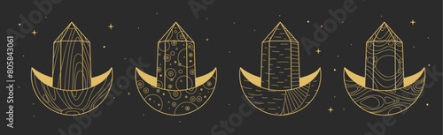 Set of Modern magic witchcraft cards with geometric crescent and crystal. Line art occult vector illustration
