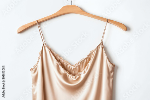 Smooth, sensual, beige color satin fabric woman's camisole on a clothes hanger, women's lingerie clothing product isolated on white background. Sexy, feminine, silky soft undergarment wear for ladies. photo