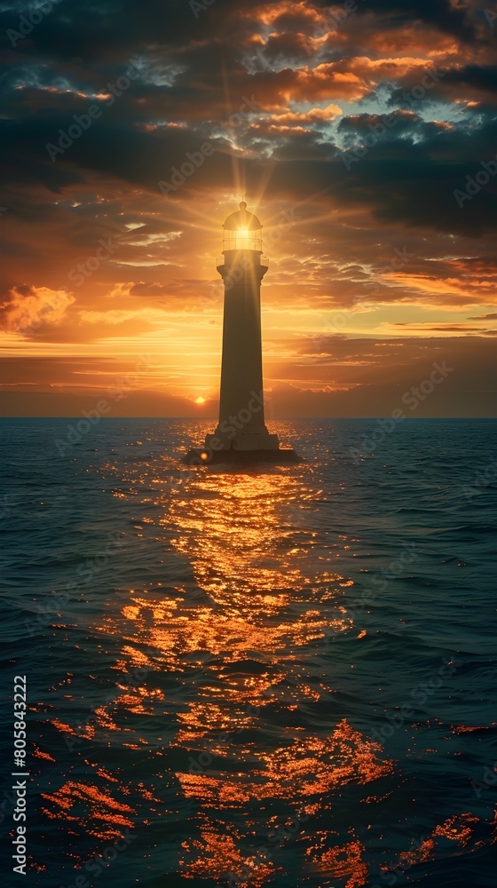 Majestic Lighthouse Beacon Cutting Through Dramatic Twilight Skies Over Vast Ocean Expanse Majestic Lighthouse Beacon Cutting Through Dramatic Twilight Skies Over Vast Ocean Expanse