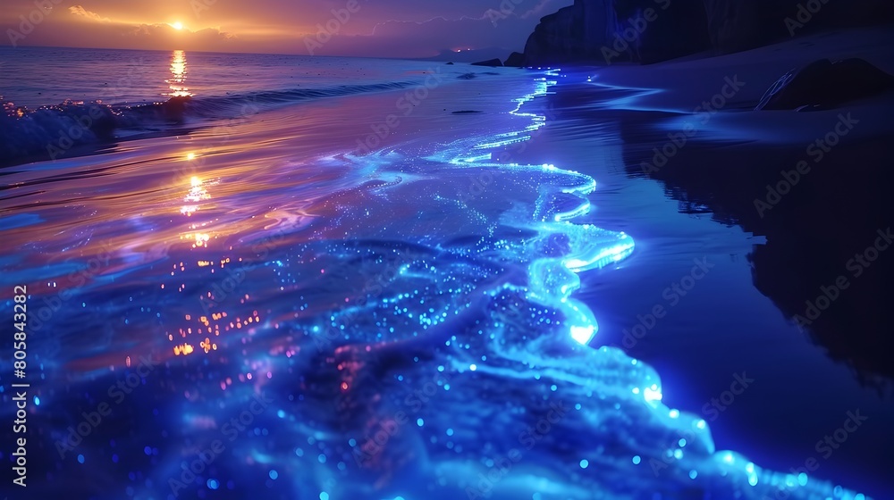 Mesmerizing Bioluminescent Seascape at Dusk with Glowing Blue Waters