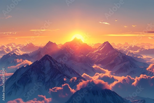 Majestic Sunrise Over Snowy Mountain Range Casting Golden Glow on Peaks in Serene Panoramic Landscape