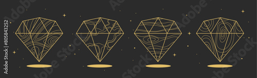 Set of Modern magic witchcraft cards with geometric diamonds or crystals. Line art occult vector illustration