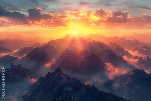 Majestic Sunrise Over Towering Mountain Peaks with Dramatic Lighting and Vibrant Clouds
